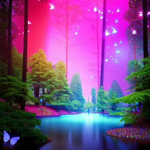 Prompt: a forest with a lake full of pink butterflies and fireflies of all colors ultra realistic, lens flare, atmosphere, glow, detailed, intricate, full of colour, cinematic lighting, trending on artstation, 4 k, hyperrealistic, focused, extreme details, unreal engine 5, cinematic, masterpiece, ultra realistic, hyper realistic, highly detailed, sharp focus, digital art