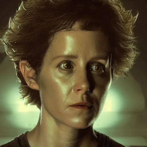 Image similar to a portrait of ellen ripley in alien, filmstill in the movie alien, ultrafine hyperdetailed illustration by kim jung gi, masterpiece. rendered in blender, smooth shadows, ultra detail, high resolution, unreal 6, 8 k