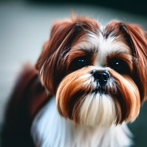 Prompt: shih tzu with all dark brown fur, photography, 8 k, macro lens