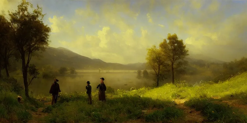 Prompt: a big hillside meadow with a little lake in 1 9 4 0 with blue light on, sunny day, a men stand up on the road, mystical orange fog, oil on canvas, art by andreas achenbach, clemens ascher, tom bagshaw and sabbas apterus,