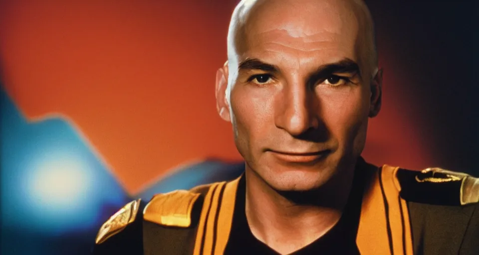 Prompt: portrait of 30-year-old Jean Luc Picard as junior officer, 1980s TV show on film, high contrast, dramatic colorful lighting