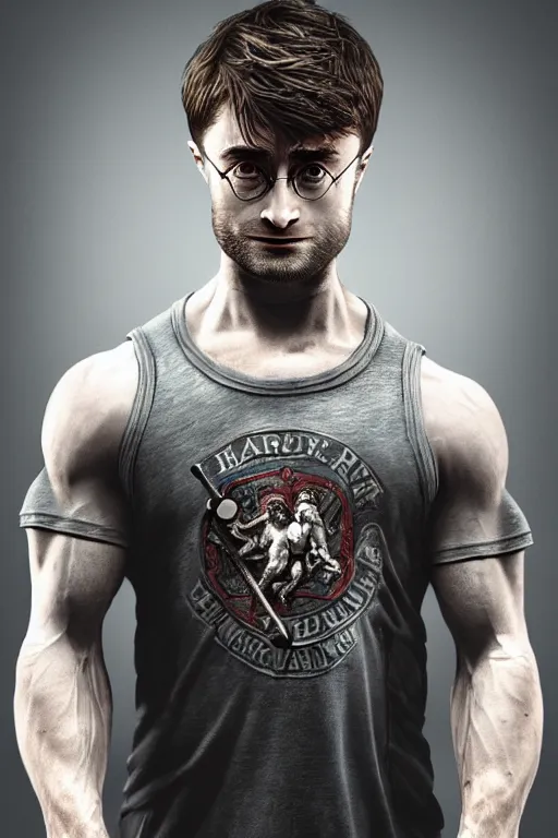 Image similar to highly detailed rendering of Daniel Radcliffe as Harry Potter doing barbell back squats, dingy workout gym, wearing a muscle tee shirt, muscular deep squats, symmetrical, highly detailed, digital painting, artstation, concept art, smooth, sharp focus, illustration, cinematic lighting, art by artgerm and greg rutkowski and alphonse mucha