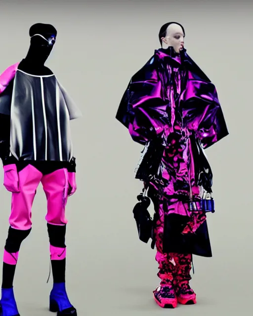 Image similar to an award winning fashion photograph leaked screenshot of Balenciaga's fashion week 2049 campaign by Demna Gvasalia, cyberpunk, futuristic, Bladerunner 2049, dazzle camouflage!, dayglo pink, dayglo blue, raven black