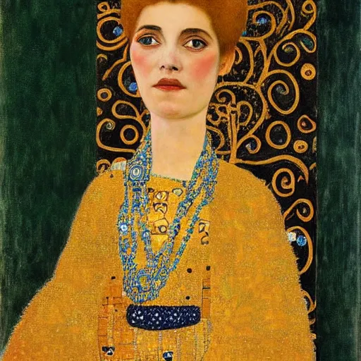 Prompt: a portrait of feminine benjamin netanyahu in gold garbs and jewels, by gustave klimt