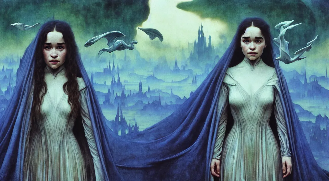 Image similar to realistic detailed portrait movie shot of a young woman who is a mix of emilia clarke and dove cameron wearing dark robes, sci fi city landscape background by denis villeneuve, amano, yves tanguy, alphonse mucha, ernst haeckel, max ernst, roger dean, masterpiece, rich moody colours, blue eyes, occult