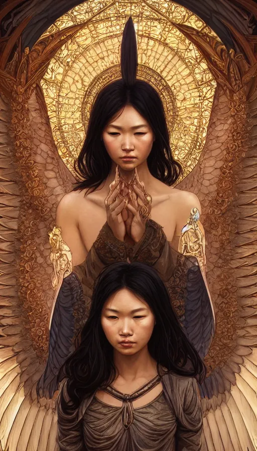 Image similar to archangel, perfectly-centered-Portrait of the most beautiful women on the planet, sweaty, asian, insane, intricate, highly detailed, digital painting, artstation, concept art, smooth, sharp focus, illustration, Unreal Engine 5, 8K, art by artgerm and greg rutkowski and alphonse mucha