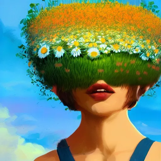 Image similar to girl with a giant daisies head, surreal photography, flower field, sunset dramatic light, impressionist painting, colorful clouds, blue sky, digital painting, artstation, simon stalenhag