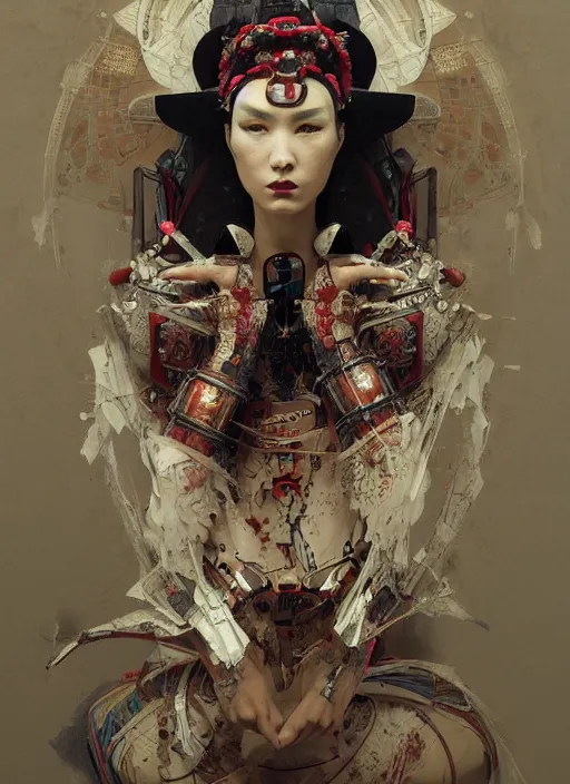 Image similar to portrait of a sensual cyberpunk geisha cyborg with headpiece, imari, modern fine art, fractal, in the style of ghosts in the shell, intricate ornaments, elegant, highly detailed, digital photography, subsurface scattering, by jheronimus bosch and greg rutkowski,