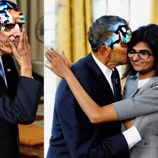 Prompt: barack obama kissing hitler with mia khalifa in the black sofa