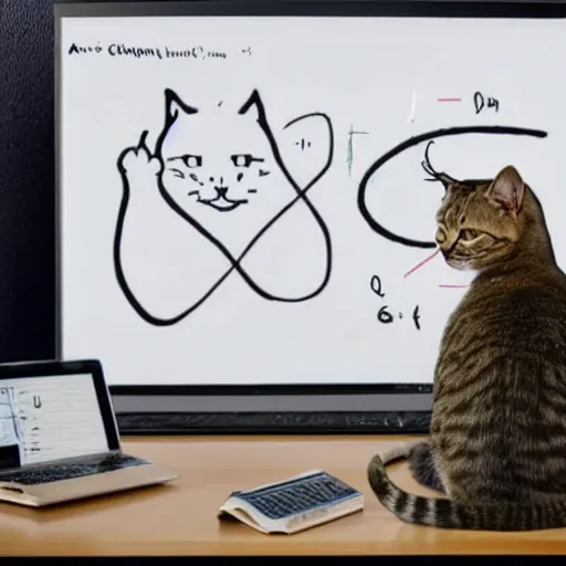 Prompt: A cat studying quantum physics, with a whiteboard with equations in the background