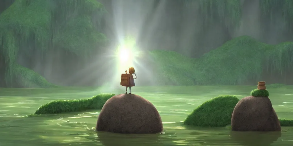 Image similar to a cell - shaded cartoon movie still from howl's moving castle ( 2 0 0 4 ) of a golem lifting a huge stone in a flooded rainforest valley. stonehenge is seen in the background with shafts of sunlight from above. wide shot, very dull muted colors, hd, 4 k, hq