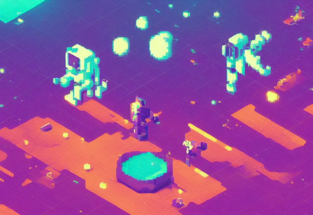 Prompt: isometric pixel art astronaut, vaporwave, cinematic lighting, 4 k