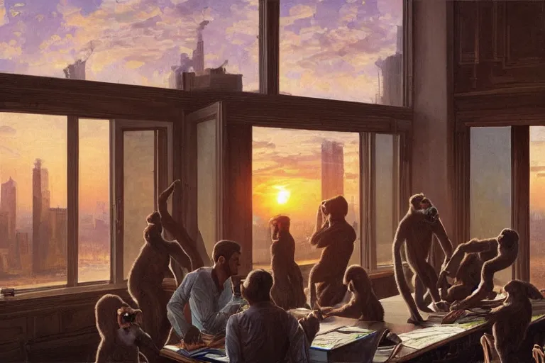 Prompt: employees as monkeys setting on glorious meeting room, papers scattered on the table, sunset, building and skyline showing from windows, fine art, artstation, matte painting, masterpiece by vasnetsov