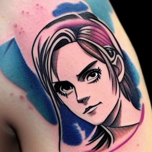 Prompt: tattoo of anime emma watson on arm