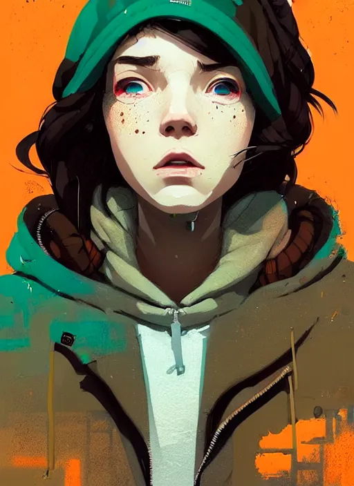 Image similar to highly detailed portrait of a cloudpunk young seattle lady, tartan hoody, by atey ghailan, by greg rutkowski, by greg tocchini, by james gilleard, by joe fenton, by kaethe butcher, gradient green, brown, blonde crea, orange, brown and white color scheme, grunge aesthetic!!! ( ( graffiti tag wall background ) )