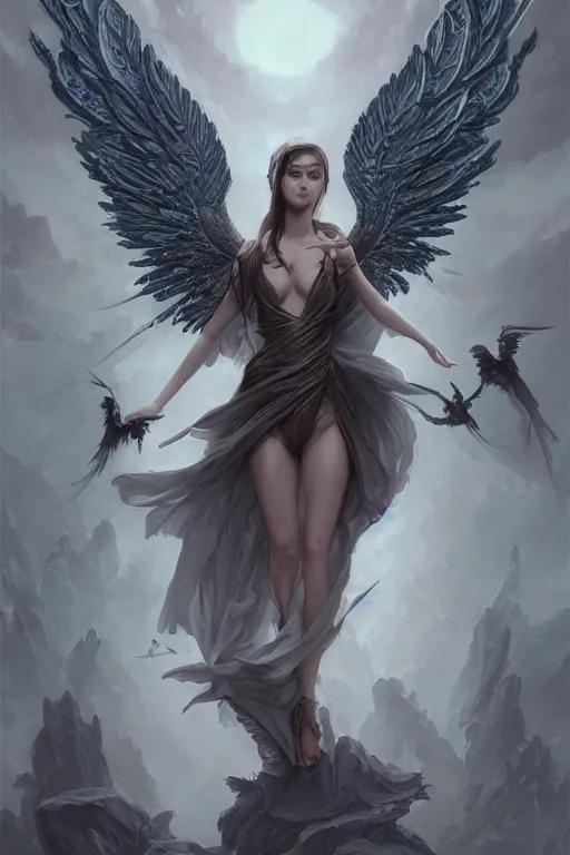 Image similar to full body portrait of a girl angel, wings, d & d, fantasy, intricate, elegant, highly detailed, digital painting, artstation, concept art, smooth, sharp focus, illustration, art by artgerm and greg rutkowski and peter mohrbacher & greg rutkowski & alexandros pyromallis & nekro & rene maritte