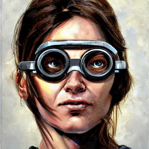 Image similar to portrait of a muscular woman wearing engineer goggles, by jon foster