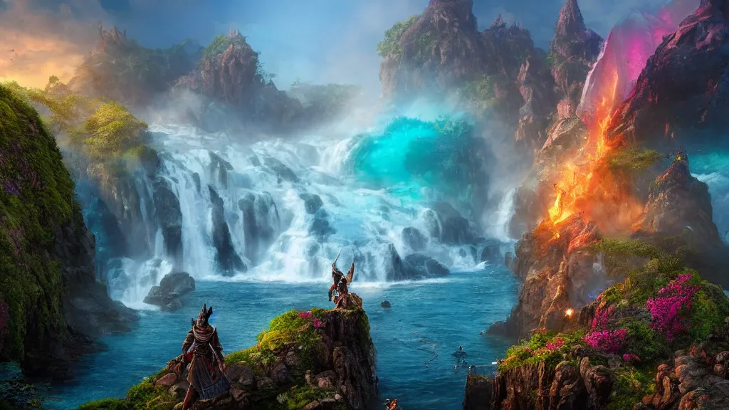 Prompt: A Fantasy Warrior, standing on a cliffside, beside a beautiful colourful waterfall, over looking a large Fantasy city in the middle of the ocean, trending artstation, 8k, highly detailed, matte painting, concept art, over the shoulder camera