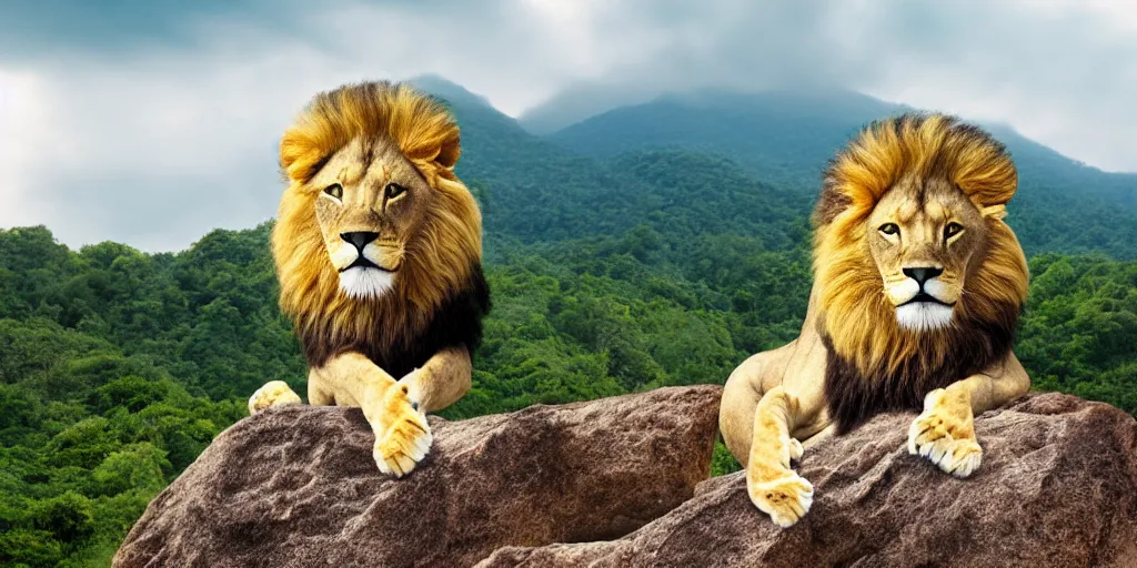 Image similar to hyperrealistic photo of a lion roaring on top of a rock over looking the jungle, 8 k