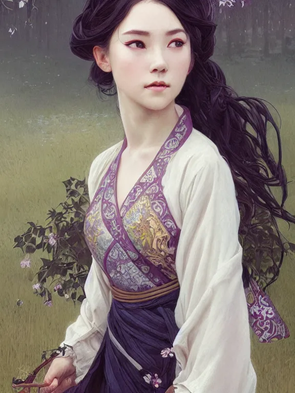 Prompt: portrait of a beautiful seductive slightly plump european girl wearing hanfu, farm background, fantasy, d & d, dark eyeliner, intricate, elegant, highly detailed, digital painting, artstation, concept art, matte, sharp focus, illustration, art by greg rutkowski and alphonse mucha