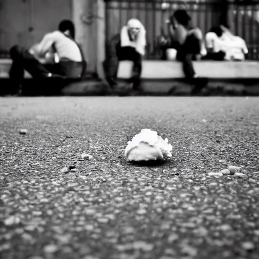 Prompt: that feeling when you drop your ice cream, realistic, photo, national geographic, high contrast, black and white, emotion