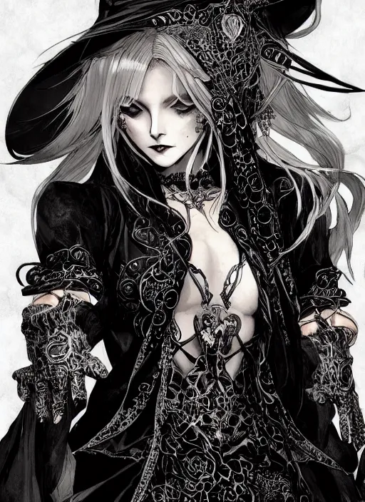 Prompt: beautiful human witch with blonde long straight hair in intricate ornate witch robe, haughty evil look, witch hat. in style of yoji shinkawa and hyung - tae kim, trending on artstation, dark fantasy, great composition, concept art, highly detailed, dynamic pose.