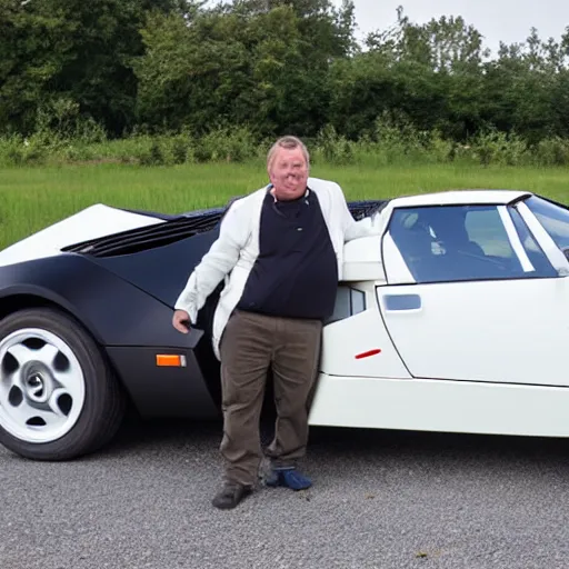 Image similar to man standing, next to white countach Miata