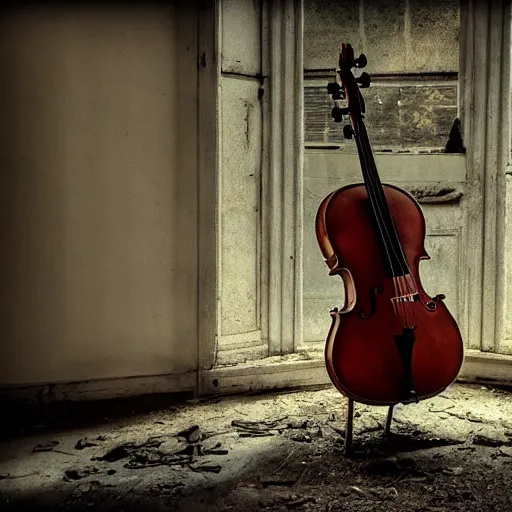 Prompt: abandoned places with a cello, cinematic light,