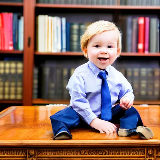 Prompt: professional photograph of a cute toddler wearing a suit and sitting in the oval office desk, very detailed, very intricate, 8 k,