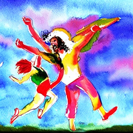 Prompt: watercolour, brightly colored, depicting randy savage hurling a small child into the sky