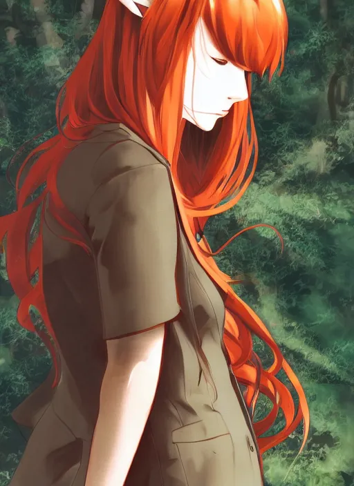 Image similar to illustration by shigenori soejima, girl with fox ears, long wavy orange hair, light brown trenchcoat, forest background, focus on face, pretty, moody lighting, painterly