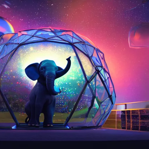 Image similar to a hyperrealistic 3D octane render of an elephant wearing virtual reality goggles playing a synthesizer inside of a geodesic dome planetarium with planets and galaxies, trending on artstation, 8k, 4K, dramatic lighting, glowing, volumetric lighting, ray tracing, unreal engine