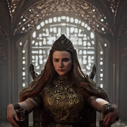 Image similar to the elder scrolls vi, charismatic regal humble brunette female jarl, portrait, throne room, atmospheric lighting, painted, intricate, volumetric lighting, beautiful, daytime, sunny weather, slight overcast, sharp focus, deep colours, ultra detailed, by leesha hannigan, ross tran, thierry doizon, kai carpenter, ignacio fernandez rios