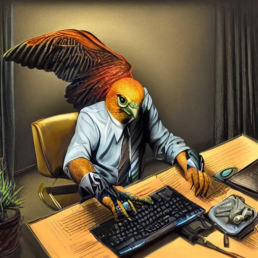 Prompt: a life-like photographic fantasy art raptorial composition of hawk office worker bird-man at computer desk facial portraiture, bird-man is lying on the desk with a baleful eye regarding the computer screen, tired, in stunning digital paint, trending fantasy art by Michael Whelan