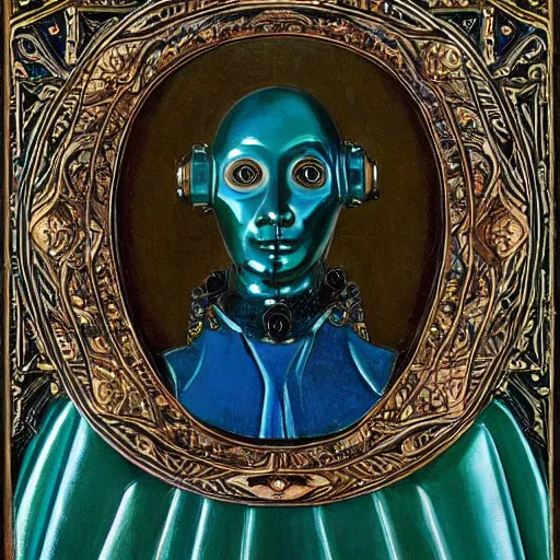 Image similar to a portrait of a shiny metallic renaissance robot, in the style of Jan van Eyck,