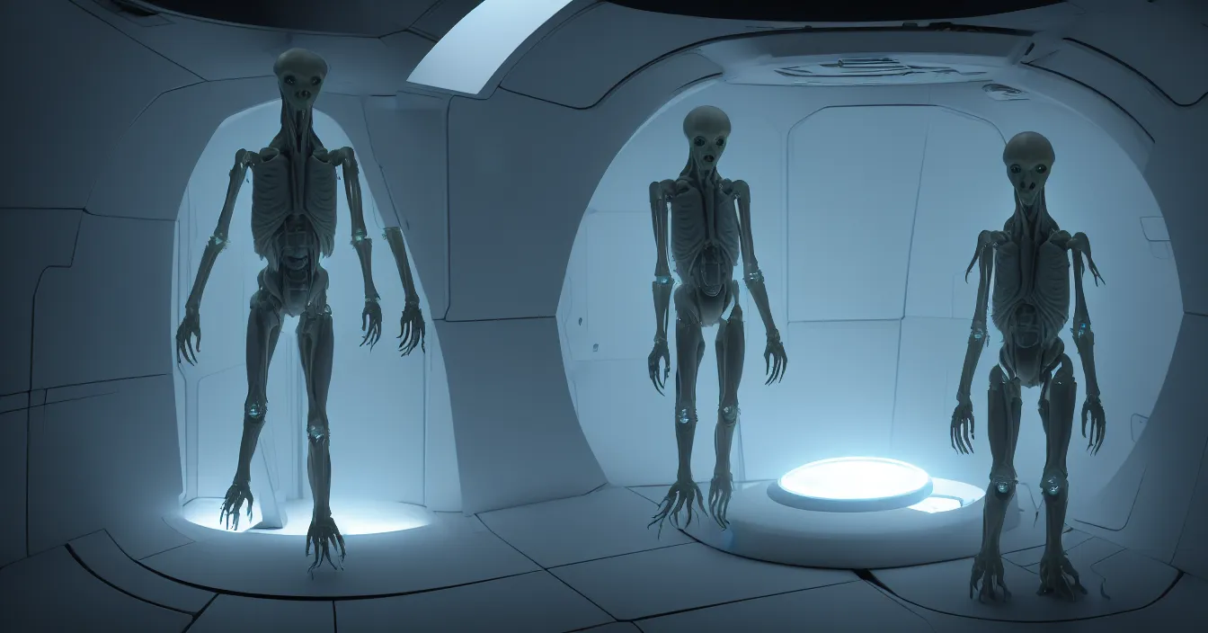 Prompt: sad translucent humanoid alien in scifi spaceship interior, standing by translucent coffin. volumetric light, dark atmosphere, dramatic view, strong ambient occlusion, raytracing, raymarching, from movie by ilm, digital domain, weta digital