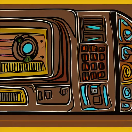 Prompt: Illustration of an old, rotten computer. Ancient tribal style.