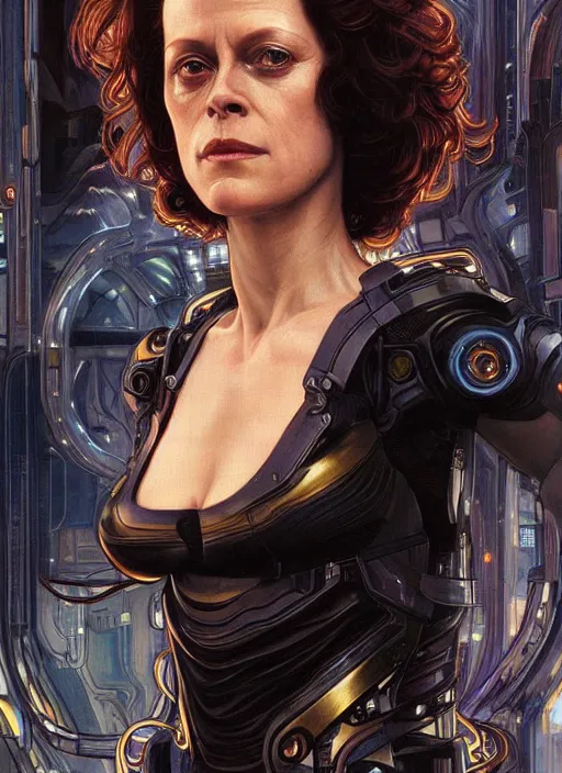Prompt: Sigourney Weaver as cyberpunk girl, portrait, intricate, elegant, highly detailed, centered, digital painting, artstation, concept art, smooth, sharp focus, illustration, art by artgerm and donato giancola and alphonse mucha