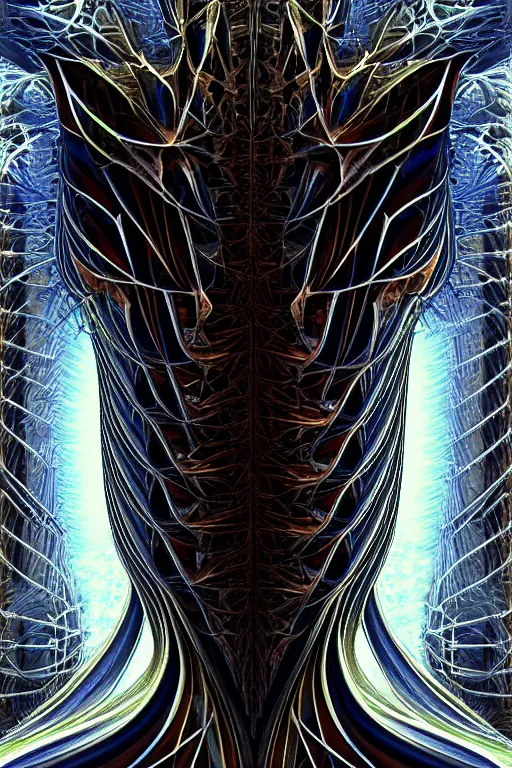 Image similar to professional concept art symmetrical portrait of a horrendous mechanical predatory fractal! species in a dark room by ar