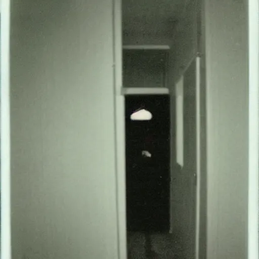 Prompt: An old polaroid photograph of a creepy liminal office space with a tall slender scary figure in the hall