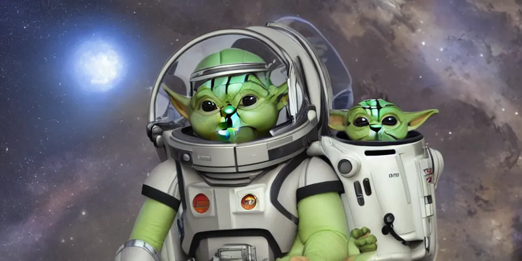 Prompt: a 3 d rendered movie still, wide - angle shot, 1 0 0 meter in the distance, baby yoda wearing a spacesuit, and exploring cosmos in a super awesome space ship. dramatic lighting, imax, 7 0 mm. science fiction blockbuster movie, buzz lightyear.