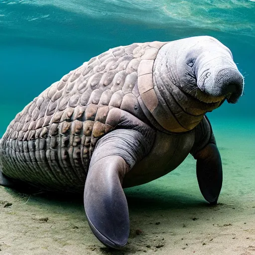 Prompt: a Manatee with the armor of a pangolin, national geographic photograph