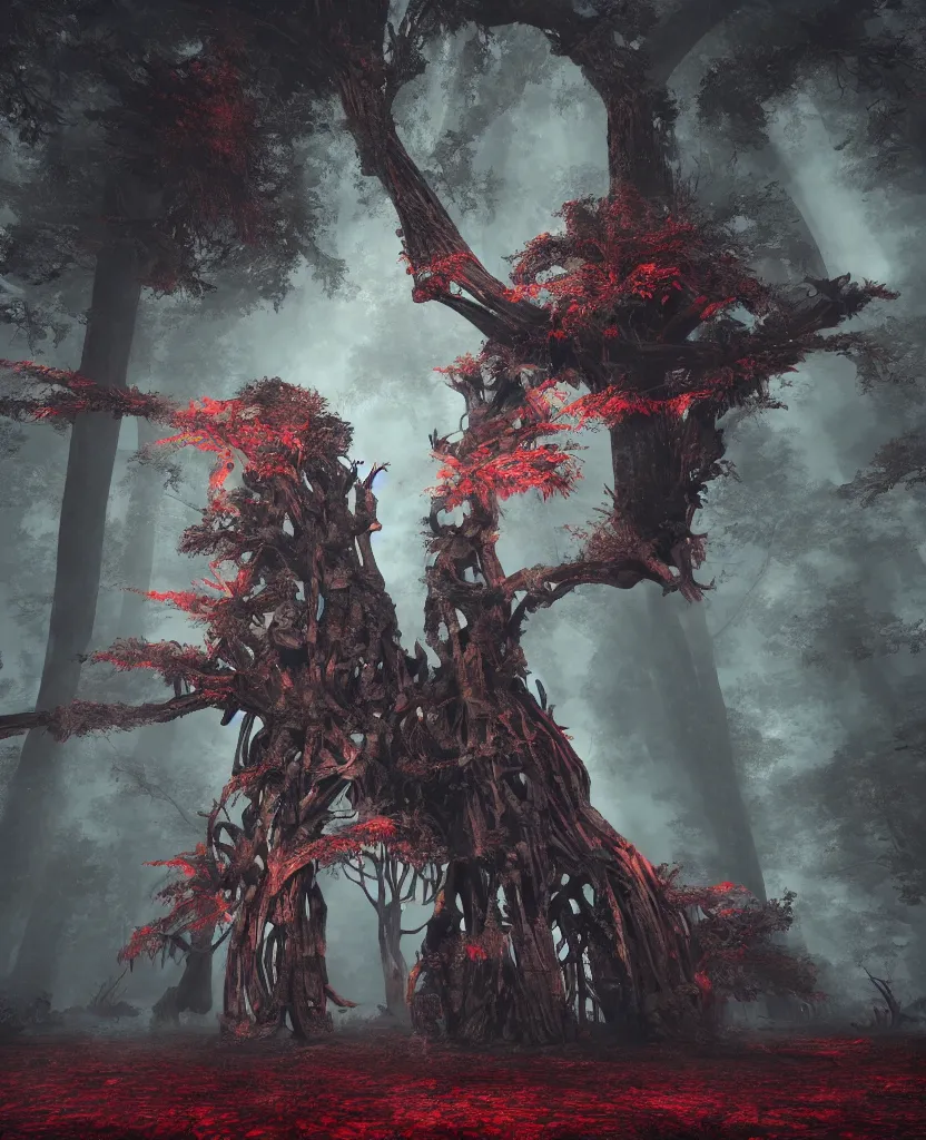 Prompt: sacred giant tree with a skeleton sleeping in the trunk, red forest, epic painting, dark concept art, octane render, extremely detailed