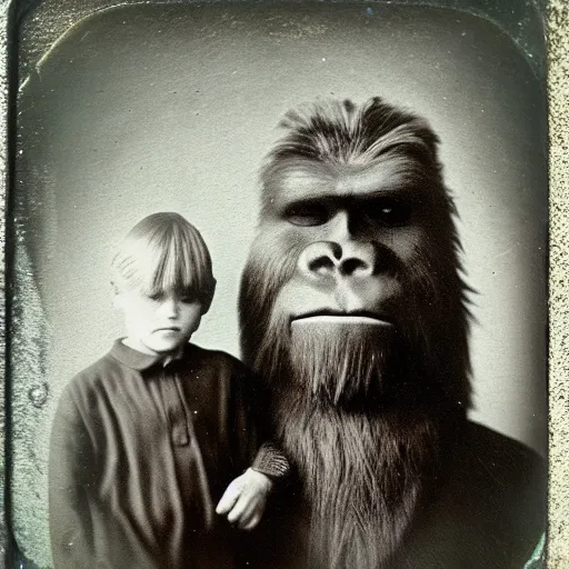 Image similar to a tintype family photo of bigfoot