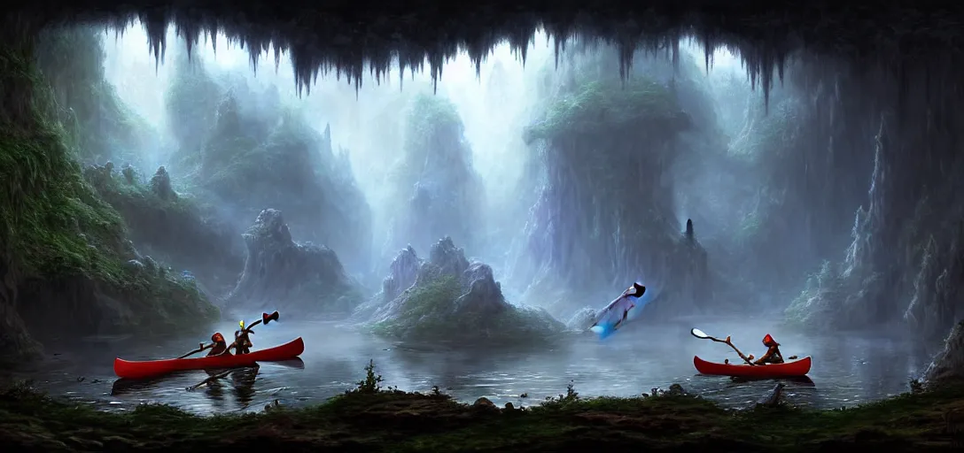 Image similar to video game concept art matte painting of elves canoeing underground through the glow worm caves in the style of stefan kostic, realistic, sharp focus, 8 k high definition, insanely detailed, intricate, mysterious, art by stanley lau and artgerm and luis royo