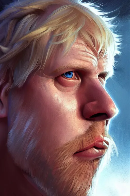 Image similar to Boris Johnson as Thor, Boris Johnson hairstyle, masculine figure, highly detailed, digital painting, artstation, concept art, smooth, sharp focus, illustration, cinematic lighting, art by artgerm and greg rutkowski and alphonse mucha