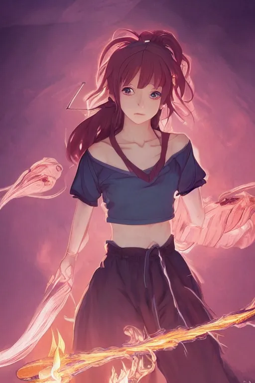 Image similar to anime key visual of a pretty sorcerer girl, wearing sweatpants and a crop top, practicing fire spells in her bedroom, intricate, lofi feel, magical, highly detailed, digital painting, artstation, smooth, hard focus, illustration, art by artgerm and greg rutkowski and alphonse mucha