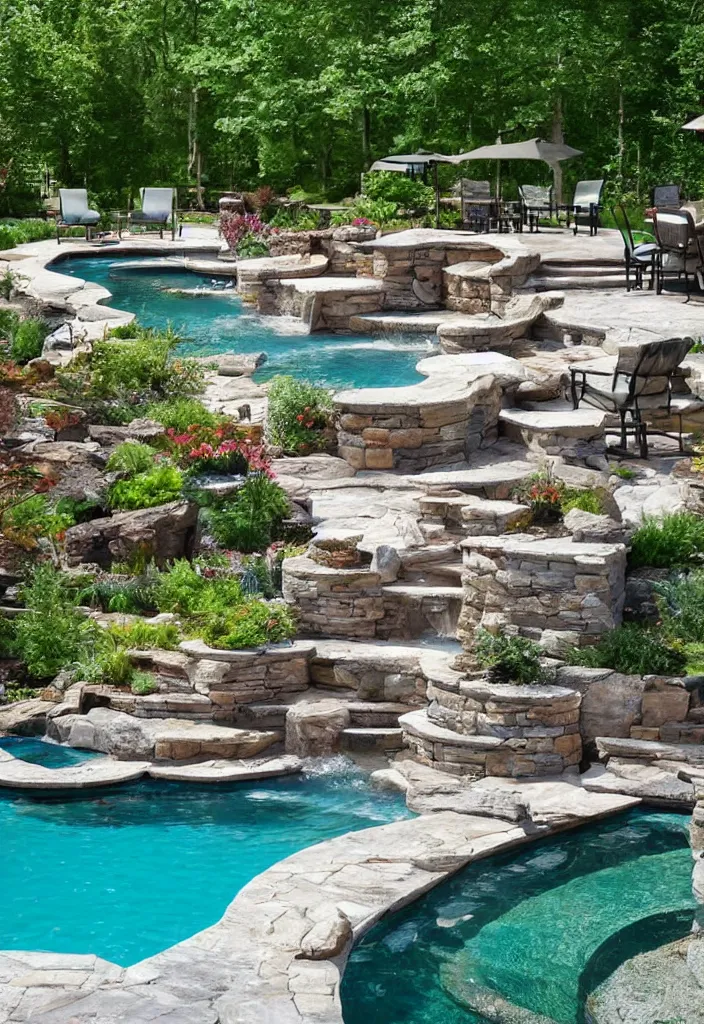 Image similar to Beautiful backyard pool with stone walkway and wooden lounge chairs