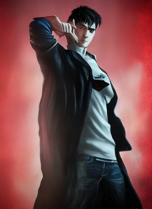 Image similar to An epic fantasy comic book style portrait painting of a young man with black cowlick haircut, wearing black overcoat, red clothes, blue jeans. Unreal 5, DAZ, hyperrealistic, octane render, cosplay, RPG portrait, dynamic lighting