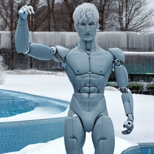 Image similar to made of ice, a realistic detailed photo of a guy who is an attractive humanoid who is half robot and half humanoid, who is a male android, on display, blank stare, showing off his muscles, shiny skin, posing like a statue, by the pool, frozen ice statue, twitch streamer / gamer ludwig, humanoid robot